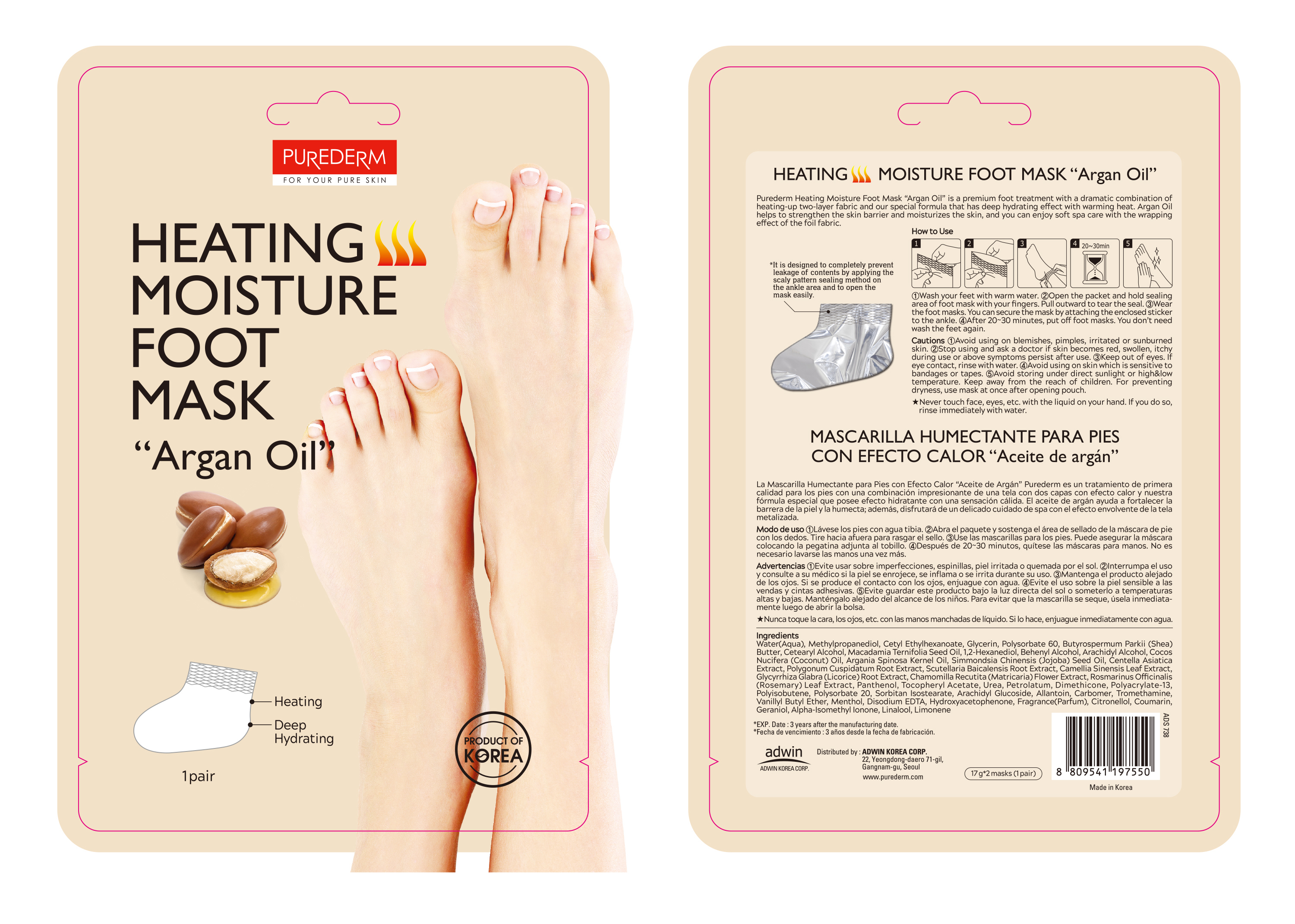 PUREDERM - Heating Moisture Foot Mask - Argan Oil - 1pair