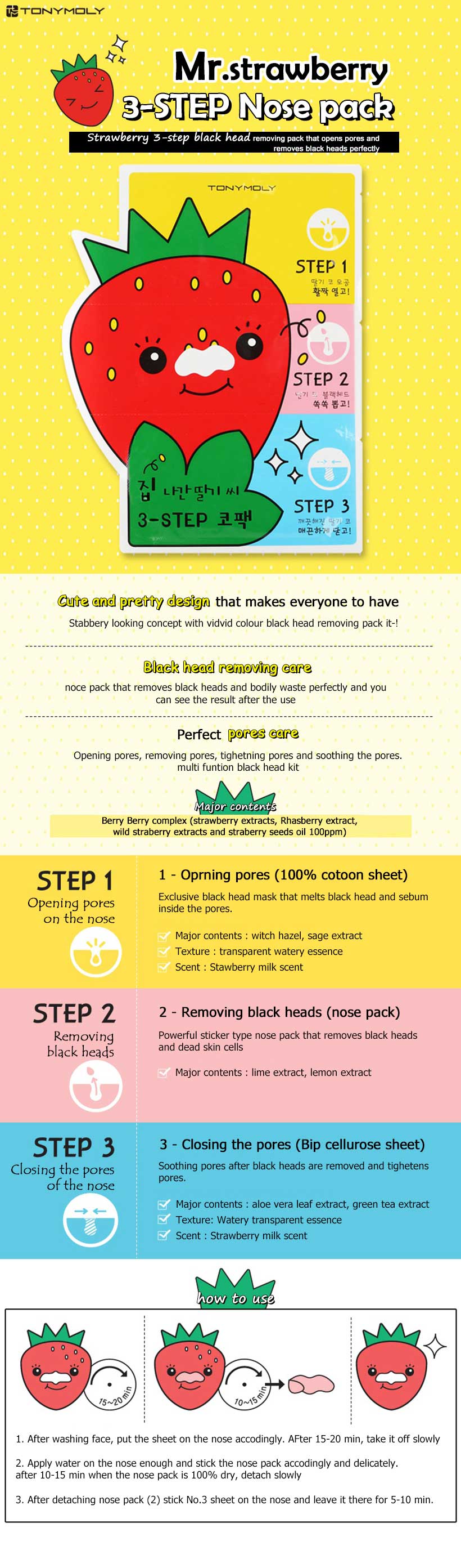 TONYMOLY - Homeless Strawberry Seeds 3-Step Nose Pack