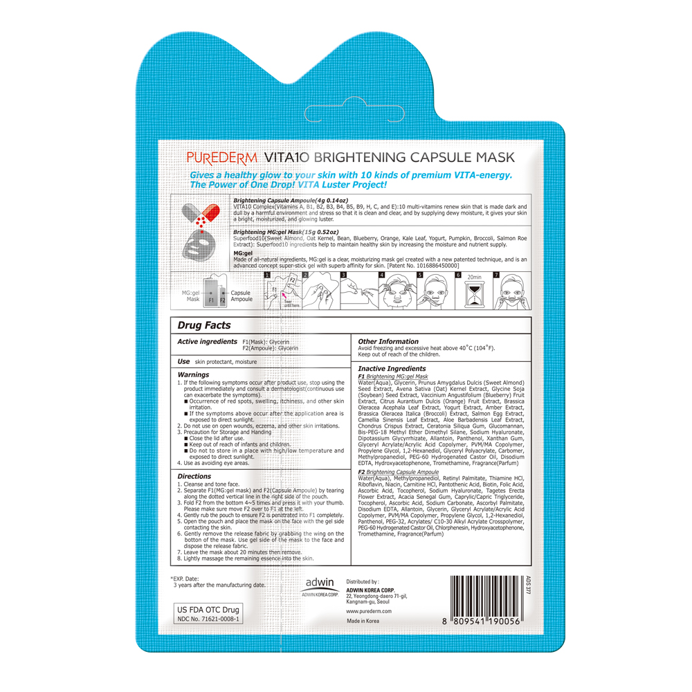 PUREDERM - Masque à capsule éclaircissante Vita10 - 1pc