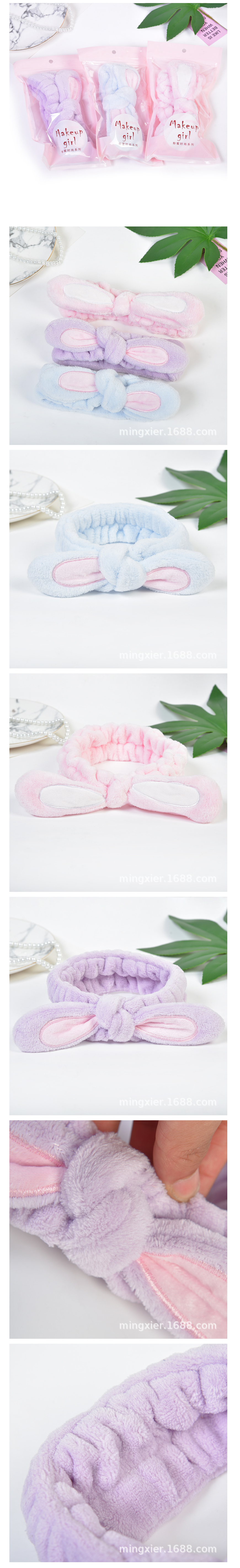 MINGXIER - Bandeau de lavage du visage avec oreilles de lapin en polaire corail (couleur aléatoire) - 1pièce