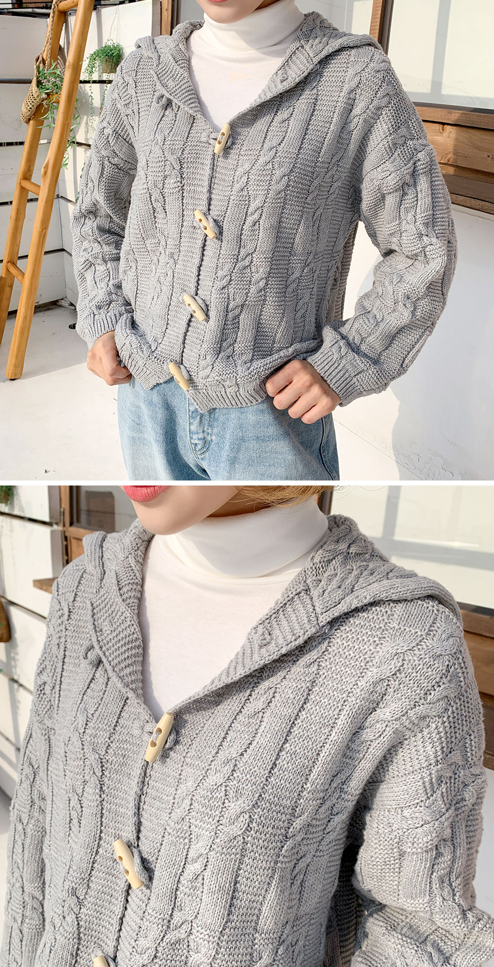 Icecream12 - Cardigan à capuche en tricot torsadé à manches longues