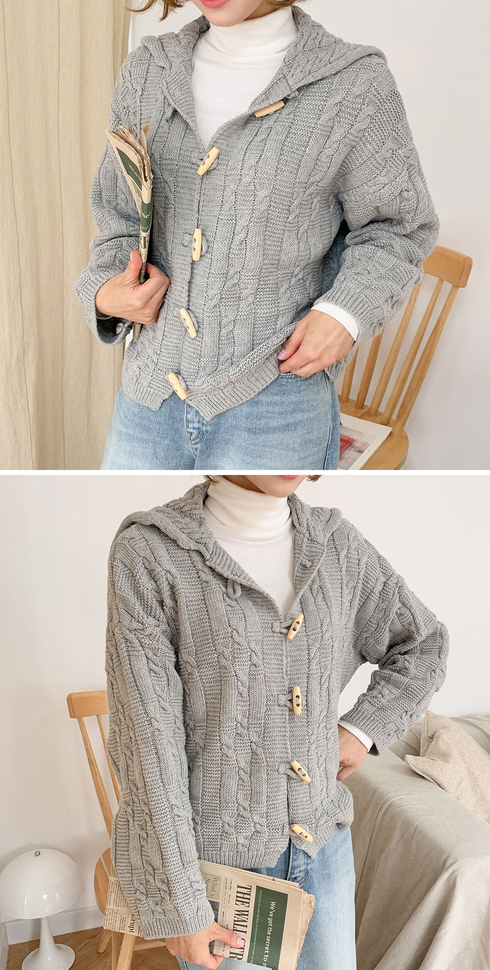 Icecream12 - Cardigan à capuche en tricot torsadé à manches longues
