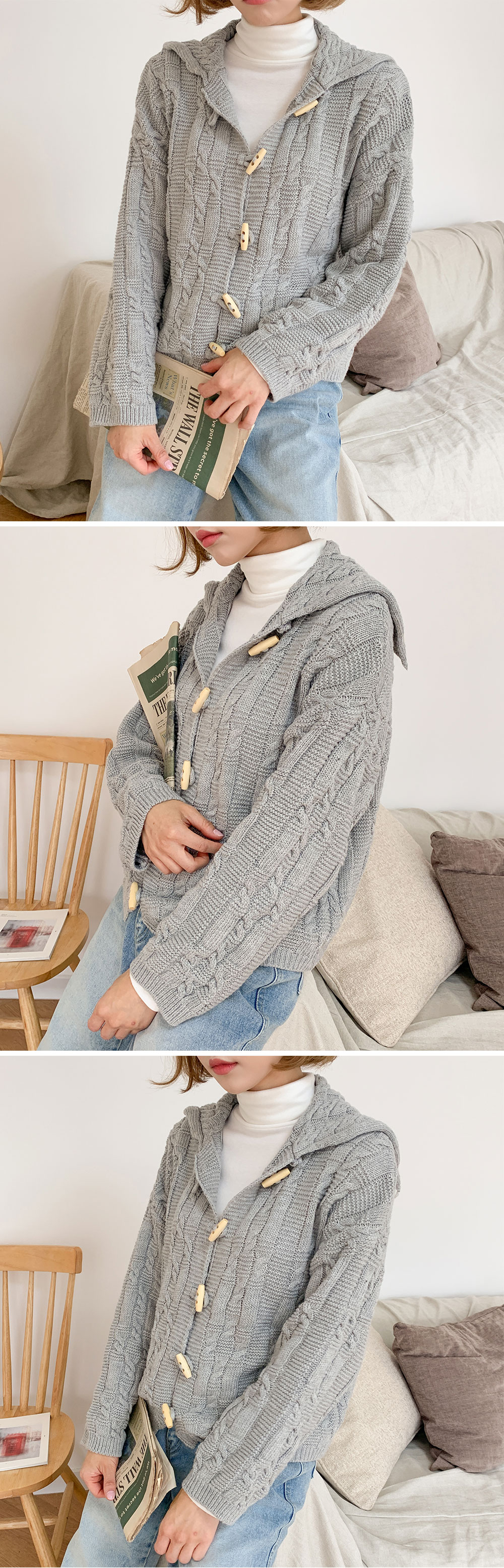 Icecream12 - Cardigan à capuche en tricot torsadé à manches longues