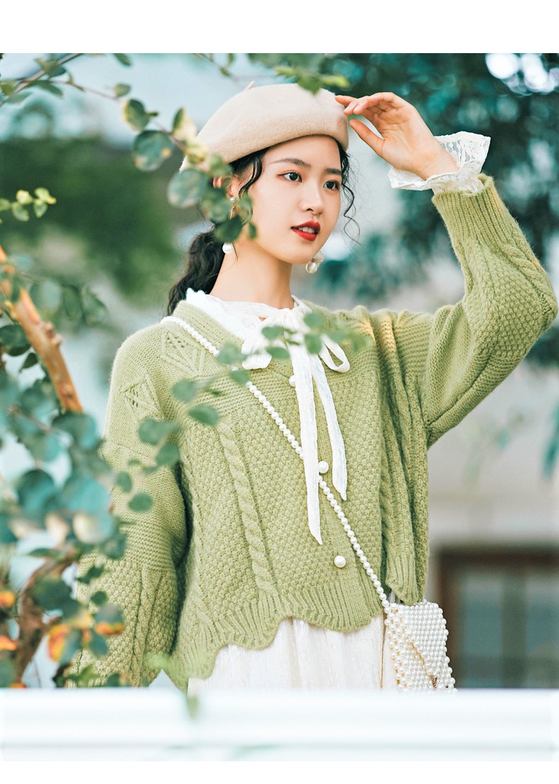 Seoulflash - Cardigan en maille jacquard avec bordure en dentelle perlée