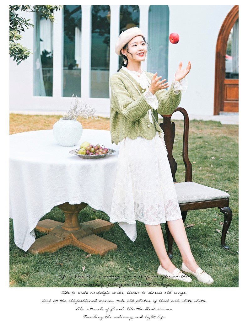 Seoulflash - Cardigan en maille jacquard avec bordure en dentelle perlée