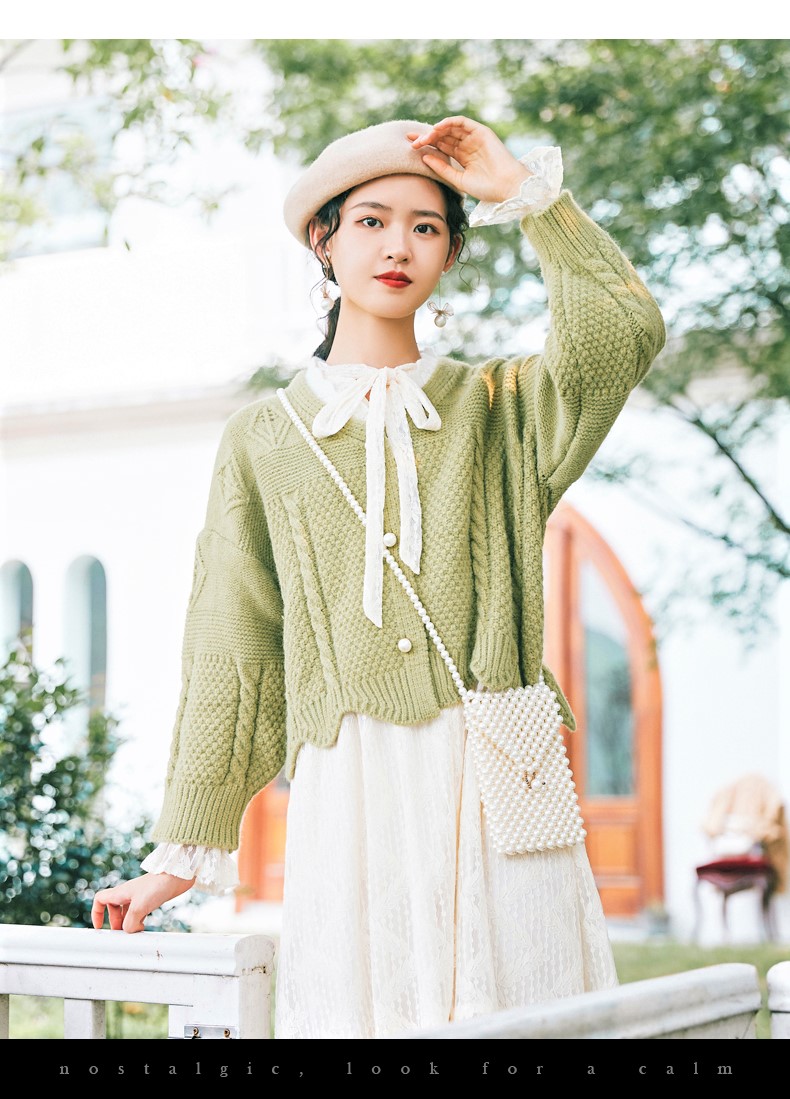 Seoulflash - Cardigan en maille jacquard avec bordure en dentelle perlée