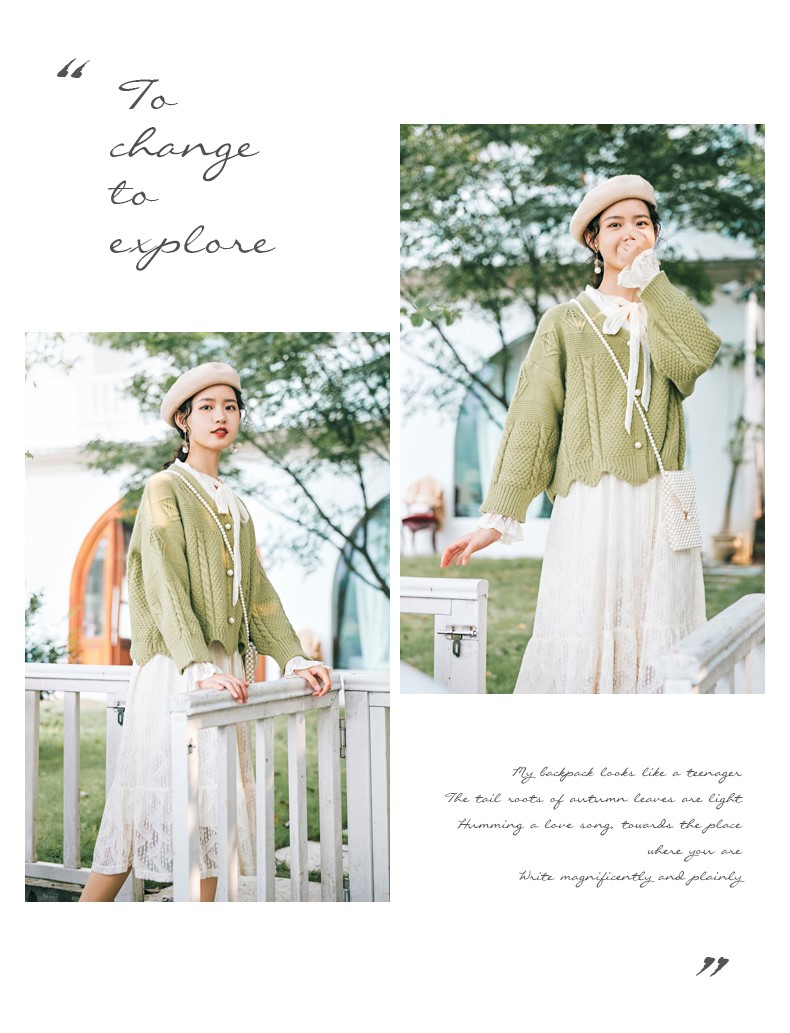 Seoulflash - Cardigan en maille jacquard avec bordure en dentelle perlée