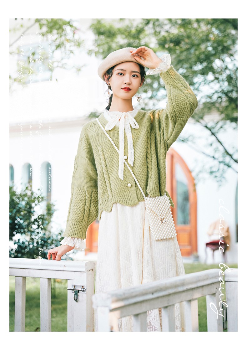 Seoulflash - Cardigan en maille jacquard avec bordure en dentelle perlée