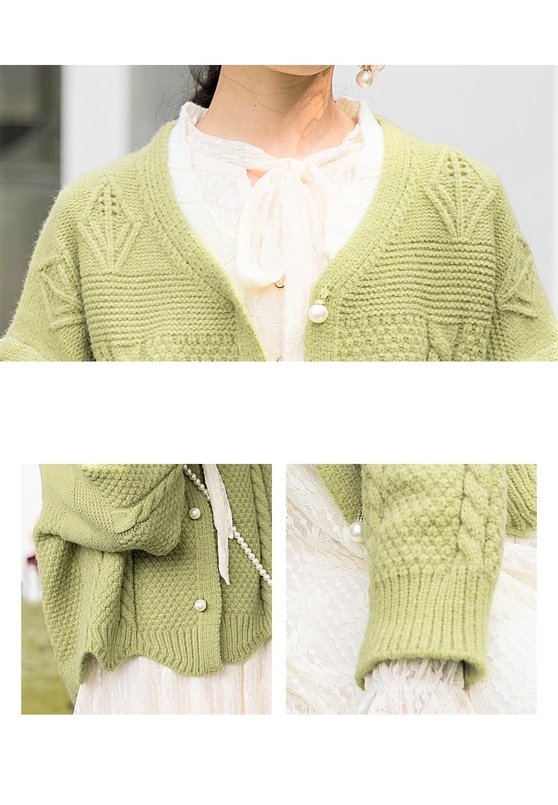 Seoulflash - Cardigan en maille jacquard avec bordure en dentelle perlée