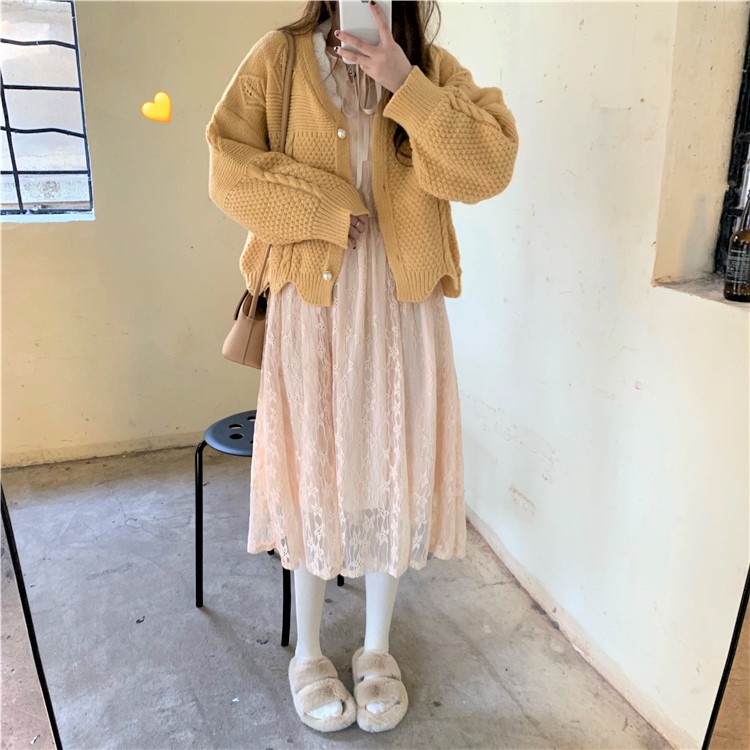 Seoulflash - Cardigan en maille jacquard avec bordure en dentelle perlée