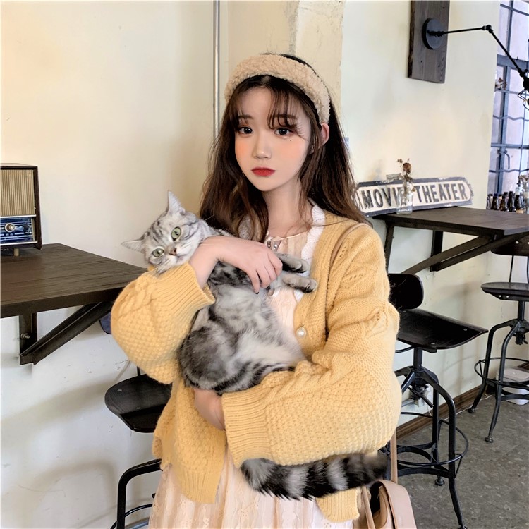 Seoulflash - Cardigan en maille jacquard avec bordure en dentelle perlée