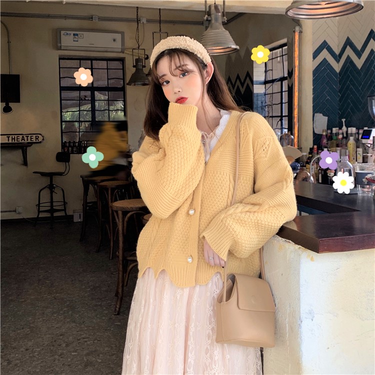 Seoulflash - Cardigan en maille jacquard avec bordure en dentelle perlée