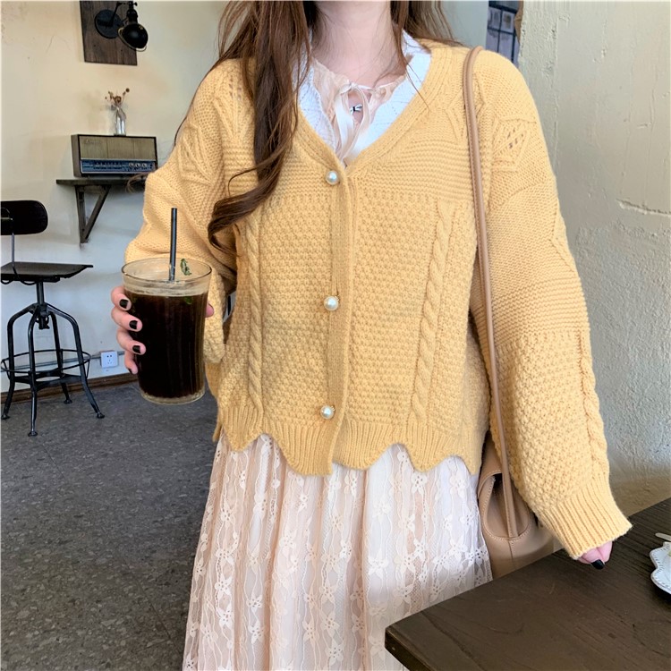 Seoulflash - Cardigan en maille jacquard avec bordure en dentelle perlée