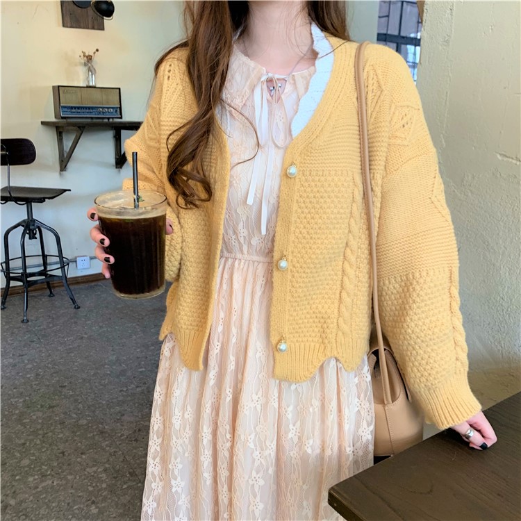 Seoulflash - Cardigan en maille jacquard avec bordure en dentelle perlée