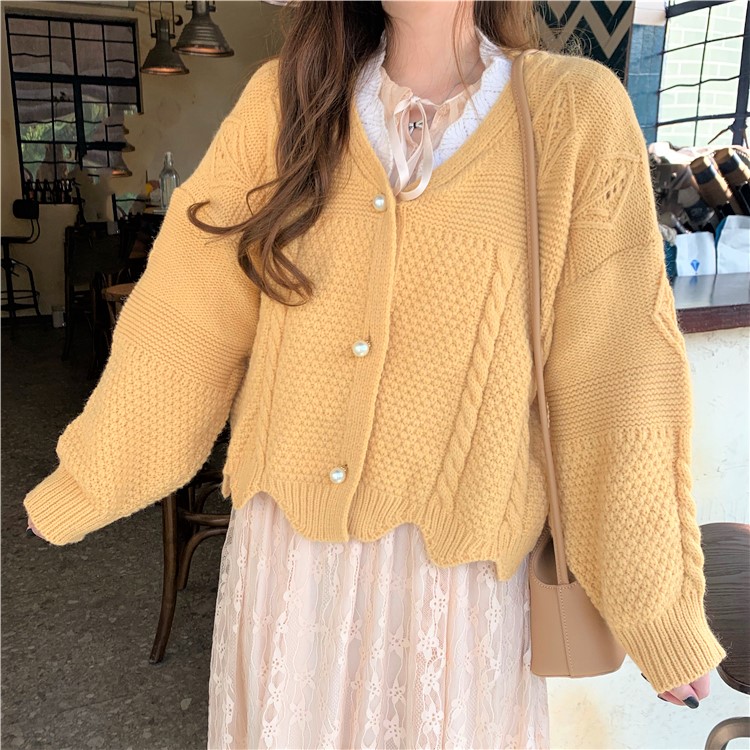 Seoulflash - Cardigan en maille jacquard avec bordure en dentelle perlée