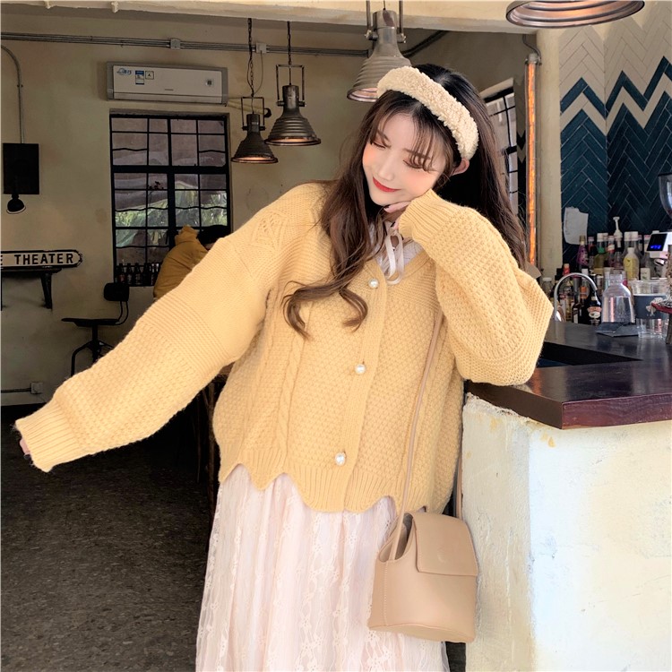 Seoulflash - Cardigan en maille jacquard avec bordure en dentelle perlée