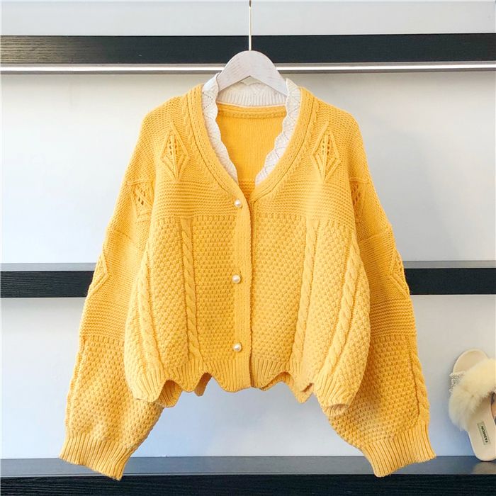 Seoulflash - Cardigan en maille jacquard avec bordure en dentelle perlée
