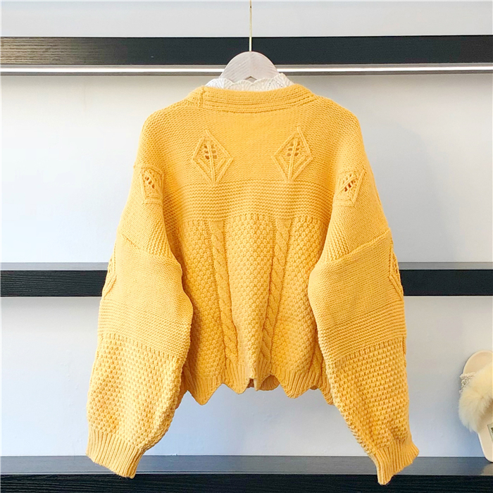 Seoulflash - Cardigan en maille jacquard avec bordure en dentelle perlée