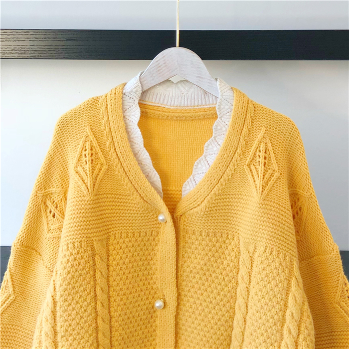 Seoulflash - Cardigan en maille jacquard avec bordure en dentelle perlée