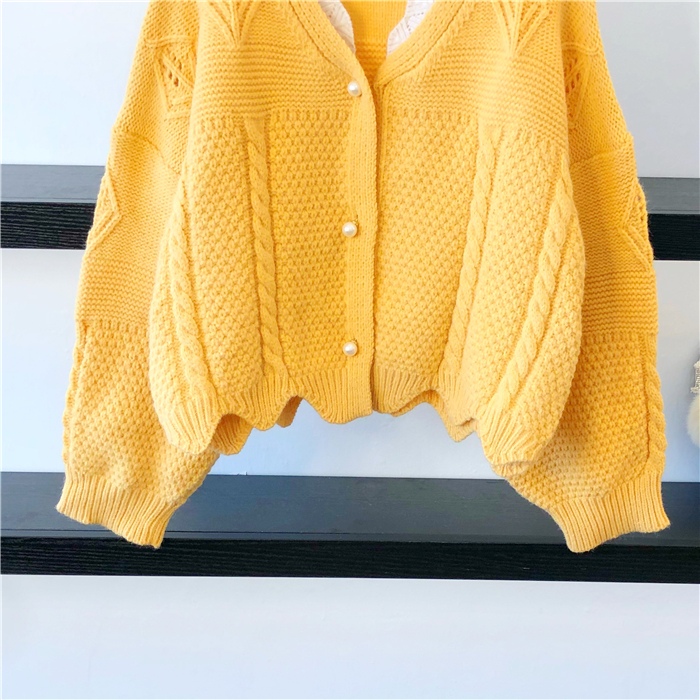 Seoulflash - Cardigan en maille jacquard avec bordure en dentelle perlée