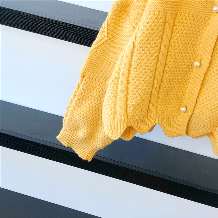 Seoulflash - Cardigan en maille jacquard avec bordure en dentelle perlée