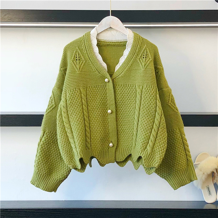 Seoulflash - Cardigan en maille jacquard avec bordure en dentelle perlée