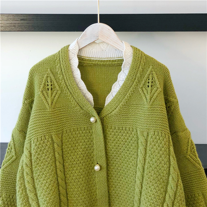 Seoulflash - Cardigan en maille jacquard avec bordure en dentelle perlée