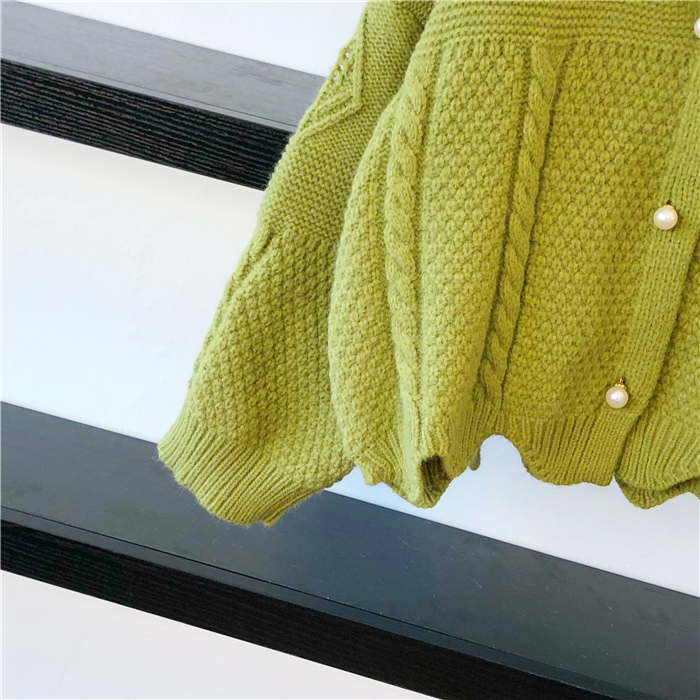 Seoulflash - Cardigan en maille jacquard avec bordure en dentelle perlée
