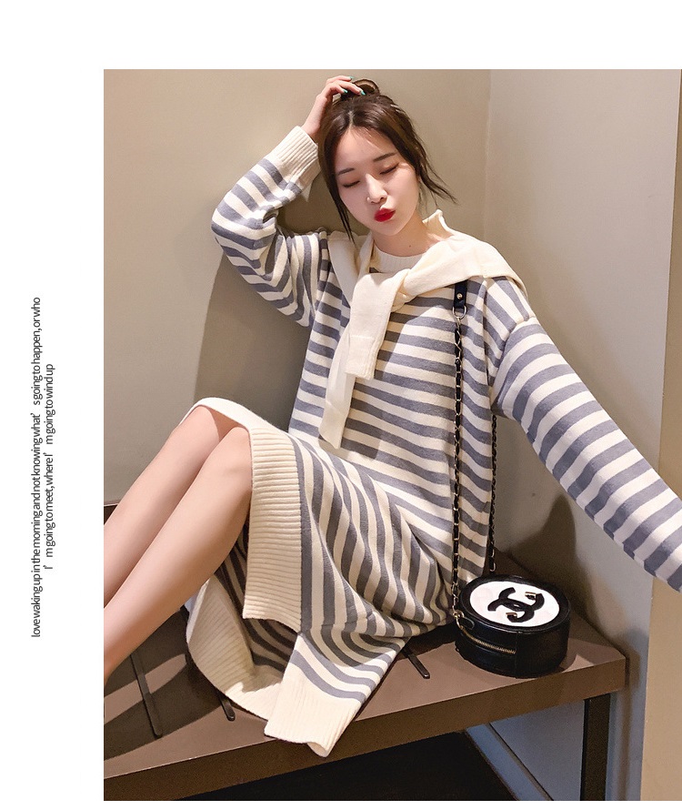 Bbuckkooki - Robe en tricot à col rond à manches longues + écharpe