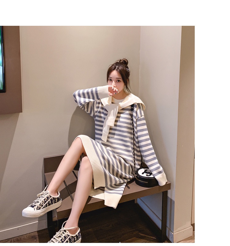 Bbuckkooki - Robe en tricot à col rond à manches longues + écharpe