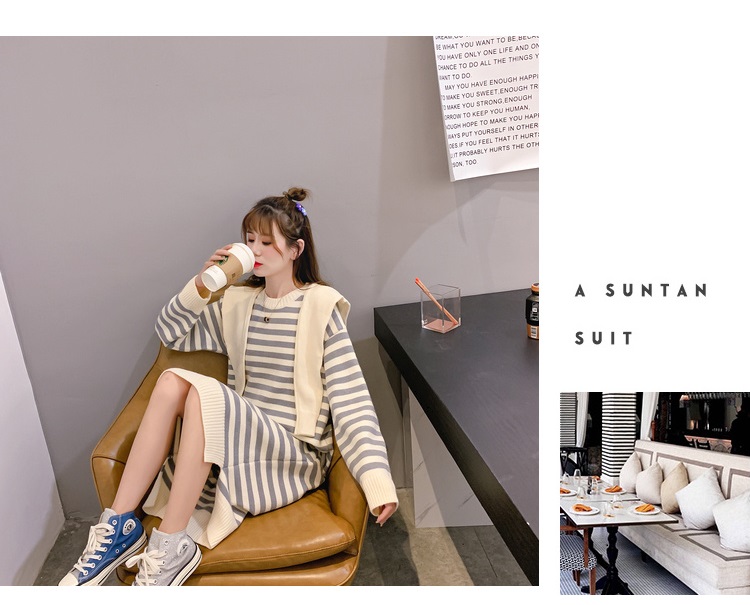 Bbuckkooki - Robe en tricot à col rond à manches longues + écharpe