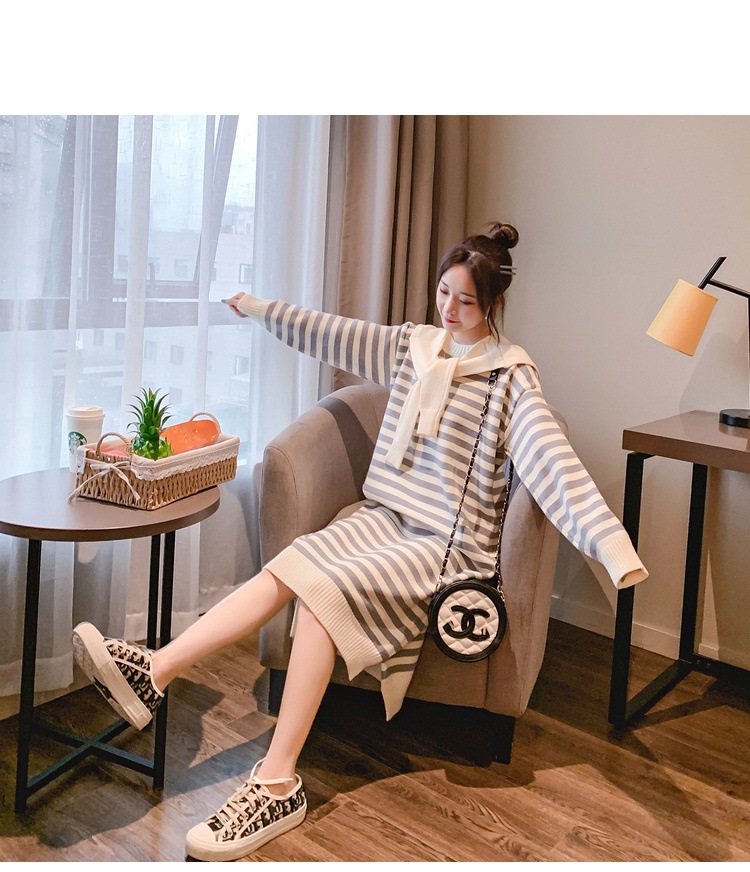 Bbuckkooki - Robe en tricot à col rond à manches longues + écharpe