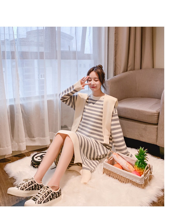 Bbuckkooki - Robe en tricot à col rond à manches longues + écharpe