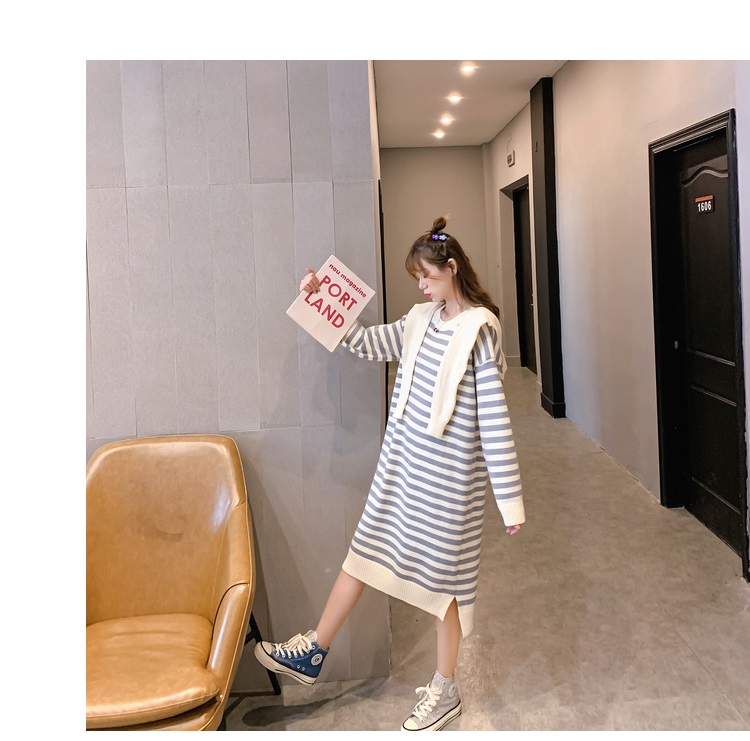 Bbuckkooki - Robe en tricot à col rond à manches longues + écharpe