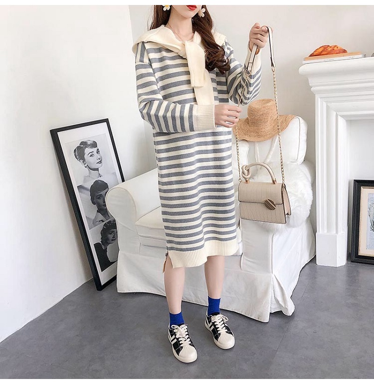 Bbuckkooki - Robe en tricot à col rond à manches longues + écharpe