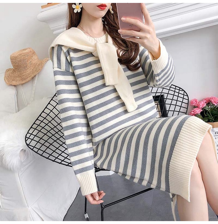 Bbuckkooki - Robe en tricot à col rond à manches longues + écharpe