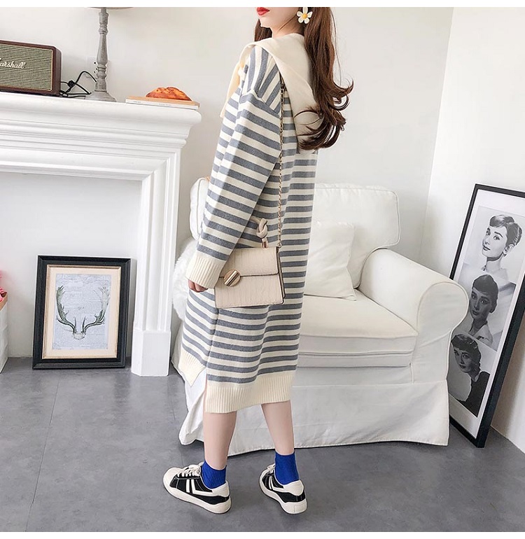 Bbuckkooki - Robe en tricot à col rond à manches longues + écharpe