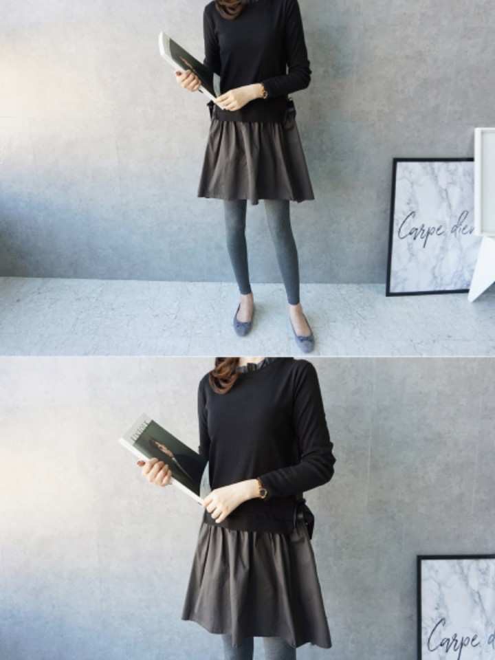 Souland - Mock Two-Piece Ribbon-Side Frilled Dress