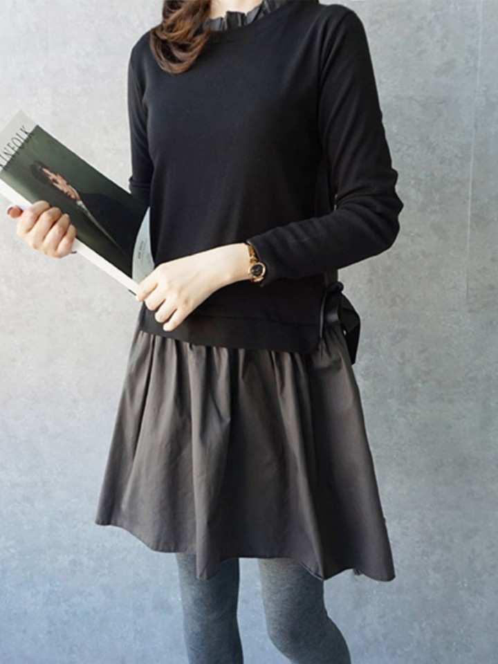 Souland - Mock Two-Piece Ribbon-Side Frilled Dress