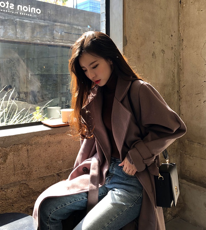 Icecream12 - Manteau long simple boutonnage uni avec ceinture