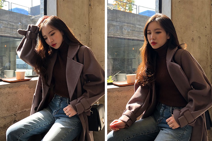 Icecream12 - Manteau long simple boutonnage uni avec ceinture