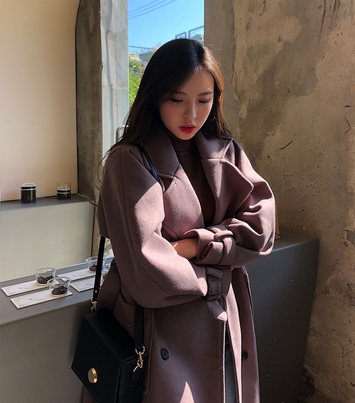 Icecream12 - Manteau long simple boutonnage uni avec ceinture