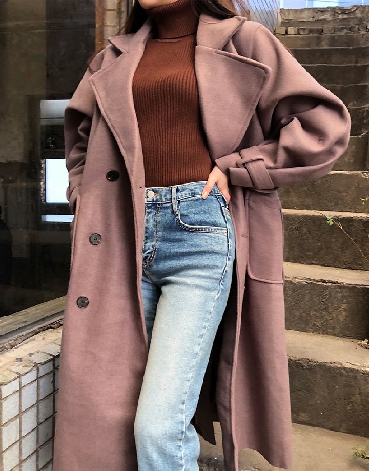 Icecream12 - Manteau long simple boutonnage uni avec ceinture