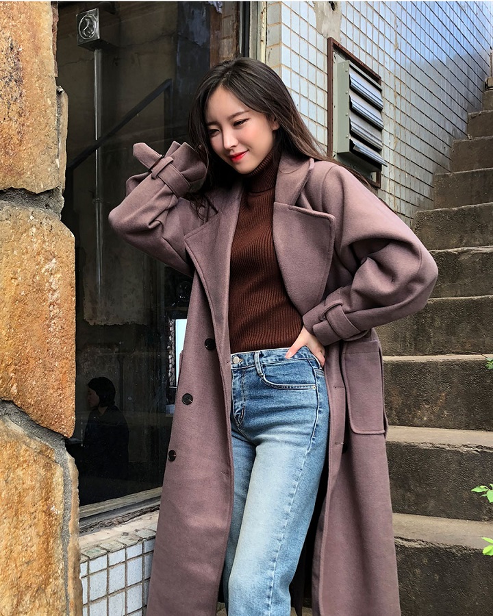Icecream12 - Manteau long simple boutonnage uni avec ceinture