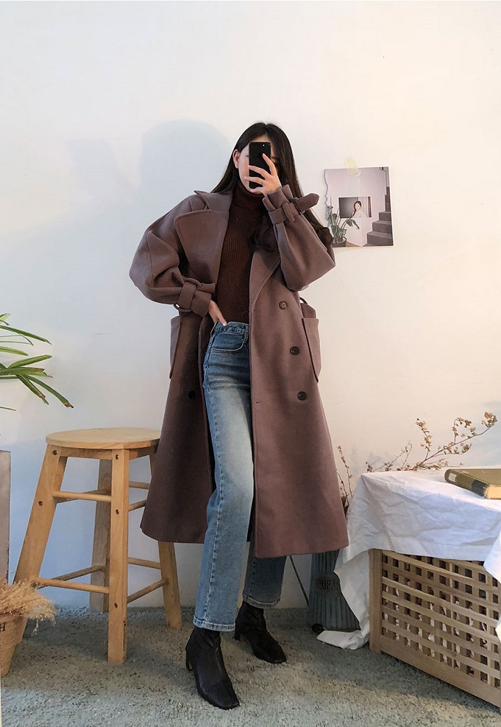 Icecream12 - Manteau long simple boutonnage uni avec ceinture