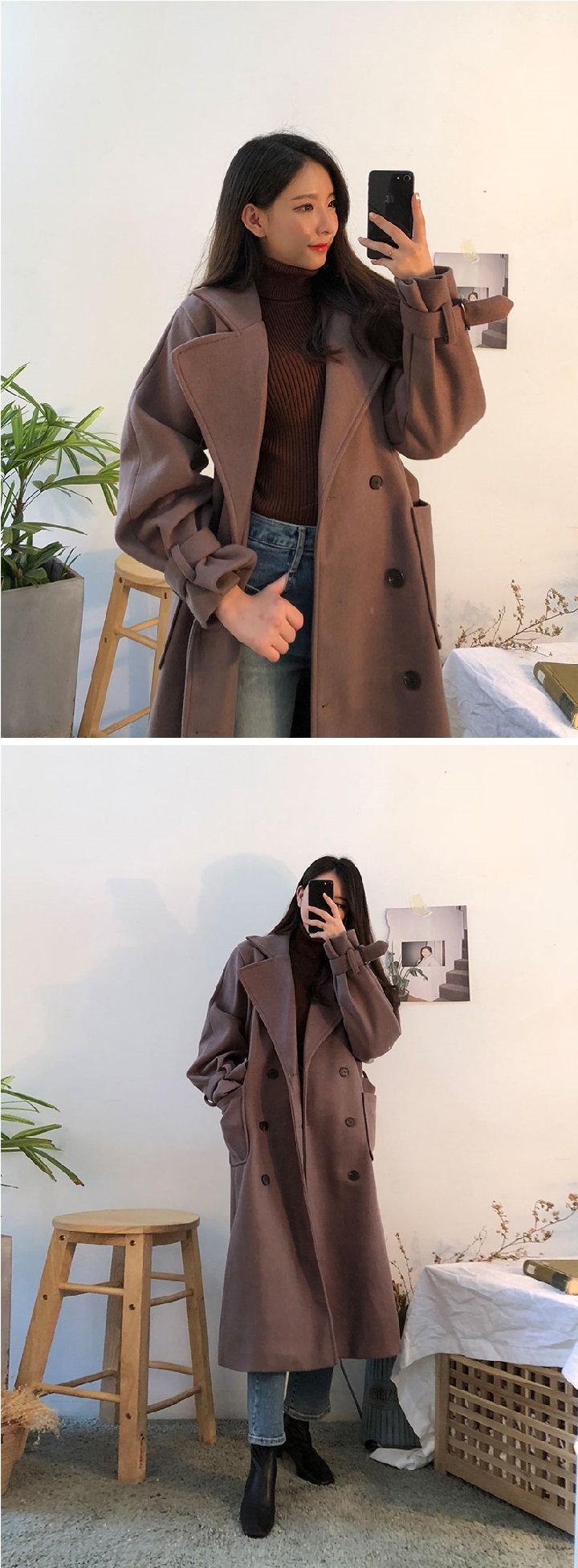 Icecream12 - Manteau long simple boutonnage uni avec ceinture