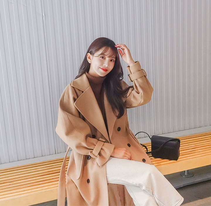 Icecream12 - Manteau long simple boutonnage uni avec ceinture