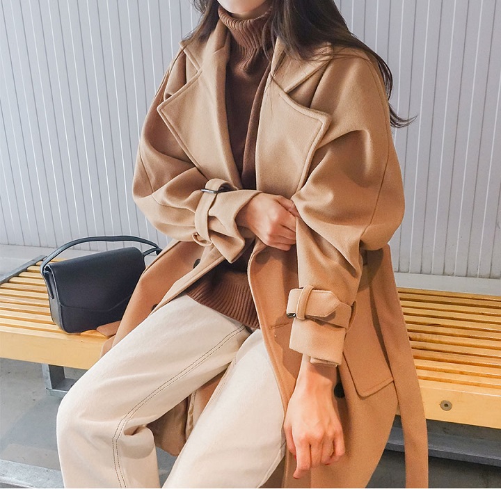 Icecream12 - Manteau long simple boutonnage uni avec ceinture