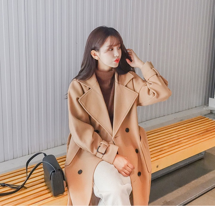 Icecream12 - Manteau long simple boutonnage uni avec ceinture