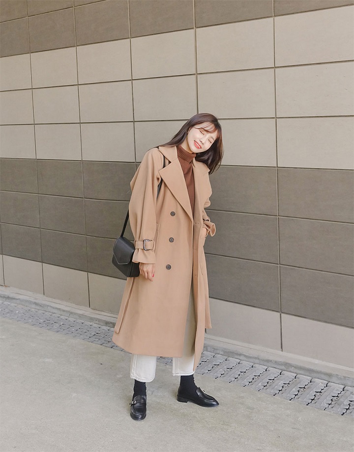 Icecream12 - Manteau long simple boutonnage uni avec ceinture
